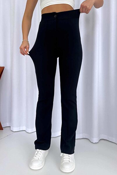 Mine Tan Butik Palazzo Full Lycra High Waist Women's Trousers - Black