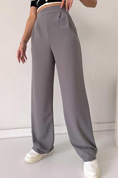 Mine Tan Butik Παντελόνι Collet Detail Palazzo Leg Lycra - Γκρι