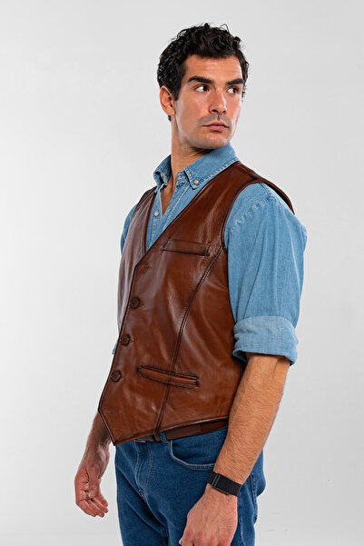 Tamer Tanca Men's Genuine Leather Taba Vest Leather Coat