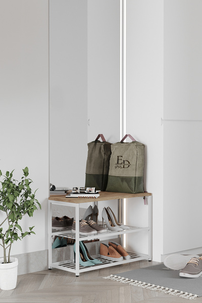 ED Efelez Design Ayakkabılık , Düzenleyici , Ruby 3 Raflı Ayakkabılık , Beyaz Metal - Atlantik Çam Tabla