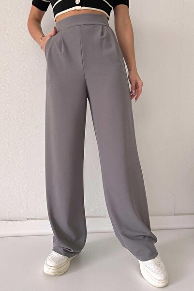 Mine Tan Butik Παντελόνι Collet Detail Palazzo Leg Lycra - Γκρι