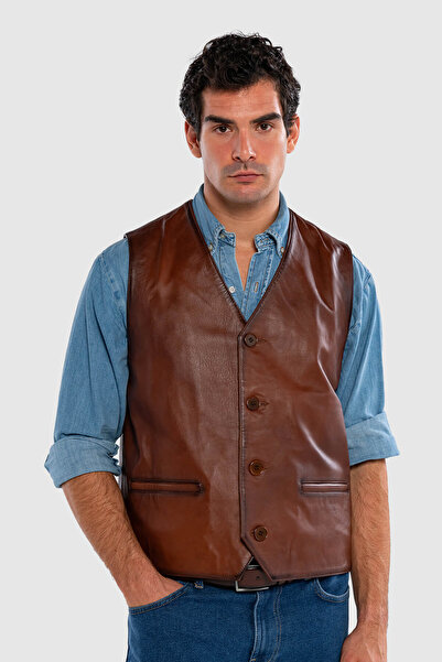 Tamer Tanca Men's Genuine Leather Taba Vest Leather Coat