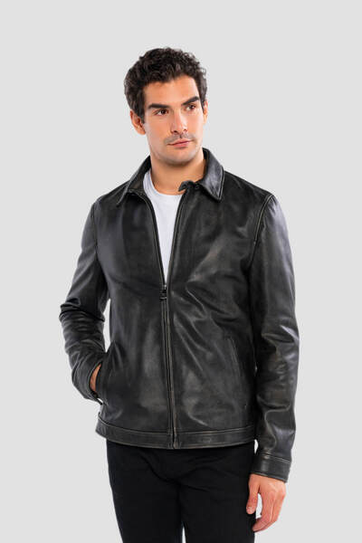Tamer Tanca Genuine Leather Black Men's Antique Coat