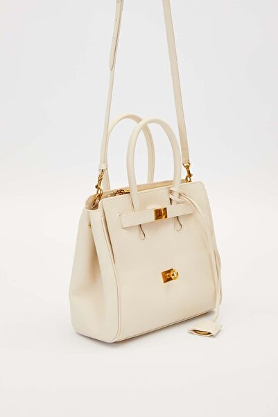 Levidor White Leather Handbag with Accessory Detail