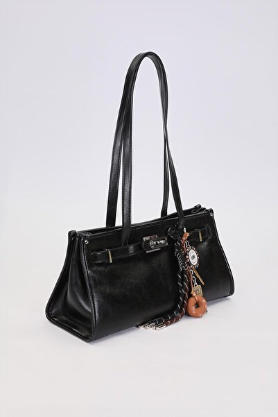 Levidor Black Metal Lock Charmlı Shoulder Bag