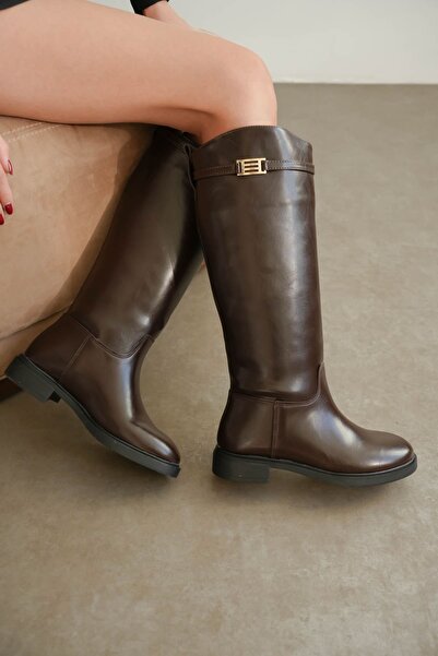 MODAADAM Women's Nantes Flat Bottom Buckle Boots - Brown-Patent Leather