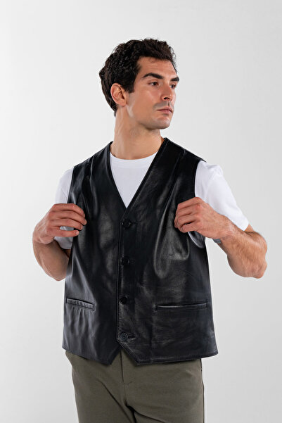Tamer Tanca Men's Genuine Leather Black Vest Leather Coat