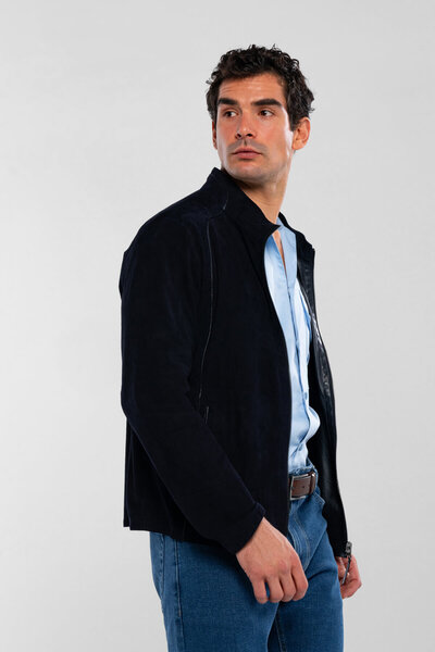 Tamer Tanca Erkek Hakiki Deri Lacivert Süet Deri Mont