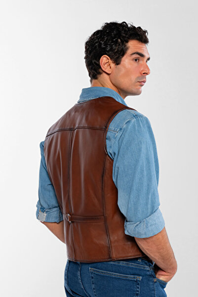 Tamer Tanca Men's Genuine Leather Taba Vest Leather Coat