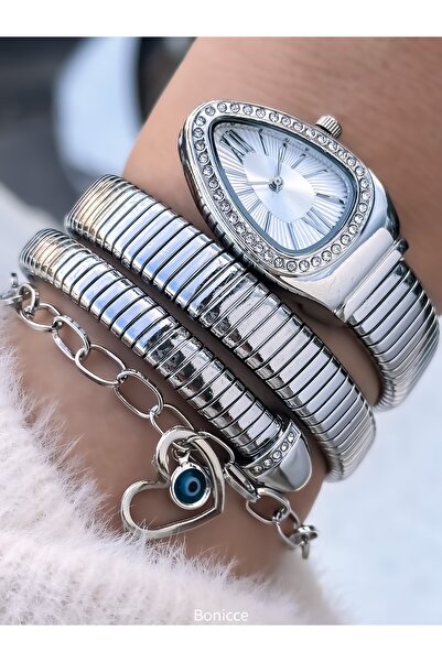 Bonicce Özel Hediyelik Kutuda Gümüş Renk , Yılan Model Kadın Kol Saati Bileklik