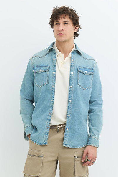 Regular Fit Açık İndigo Erkek Jean Gömlek