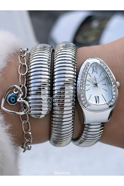 Bonicce Silver Color Stone Snake Model in Special Gift Box, Women's Wristwatch Bracelet