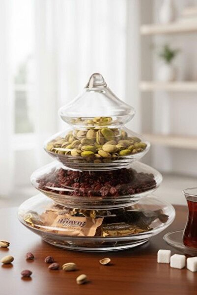 Paşabahçe Denizli Cam Kristal El İmalatı 3 Katlı Çam Ağacı Model Şekerlik Kurabiyelik Drajelik 128