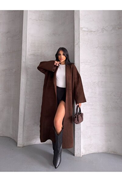 MoonliWear Cardigan lung din tricot maro închis pentru femei supradimensionat