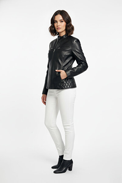 Deriderim Black Latina Short Zippered Women's Genuine Leather Coat