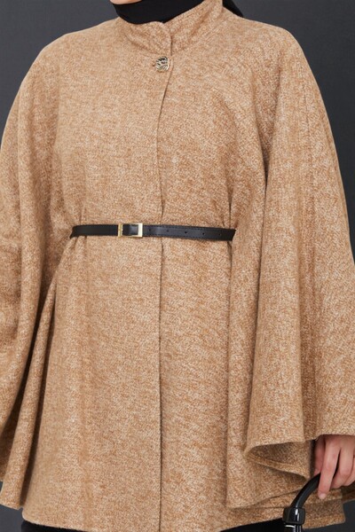 Cochines Women's Tan Gold Brooch Buttoned Belted Mock Neck Gray Cashmere Short Coat Hijab Tunic Long Poncho