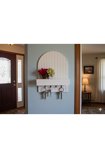 chıc trove Dekoratif Beyaz Ahşap Anahtarlık Duvar Askısı Raflı Organizer Giri...