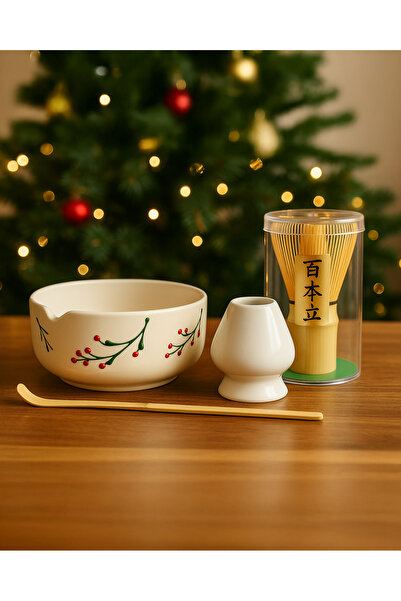 MATCHİVA Yılbaşı Temalı 4lü Matcha Seti (Matcha Whisk Çırpıcı - Seramik Kase ...