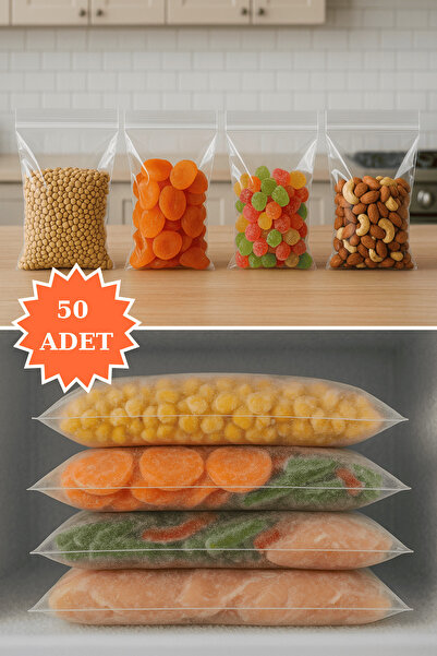 PlasandPlus Kilitli Şeffaf Saklama Torbası Buzdolabı Gıda Çerez Bakliyat Kına Hediyelik Poşet 29,5x23 cm 50 Adet