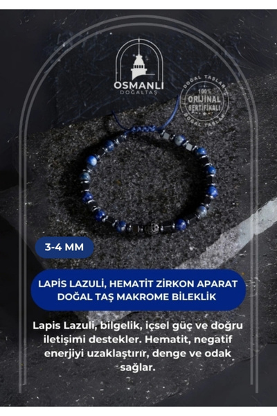 OSMANLI DOĞAL TAŞ Certified Lapis Lazuli, Hematite Zircon Apparatus Natural Stone Macrame Bracelet