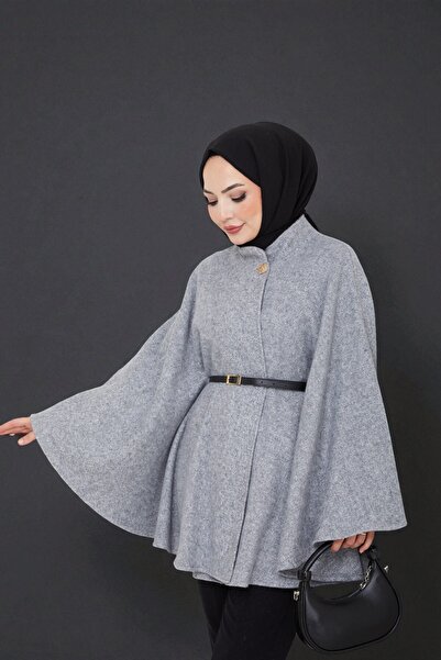 Cochines Women's Gray Gold Brooch Buttoned Belted Mock Neck Gray Cashmere Short Coat Hijab Tunic Long Poncho