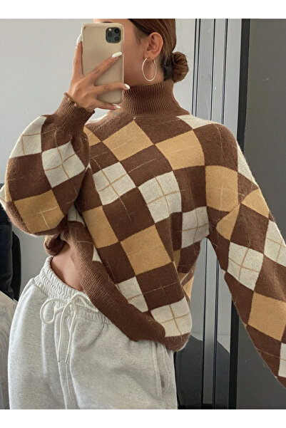 Dier Moda Дамски трикотажен пуловер с квадратни шарки и кръгло деколте