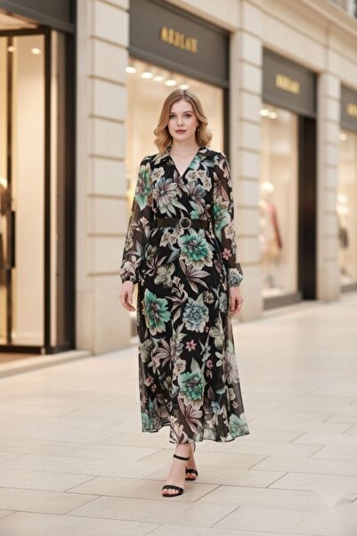 Mossta Μακρύ φόρεμα μόδας από σιφόν με διπλό λαιμόκοψη και ζώνη στη μέση, μαύρο