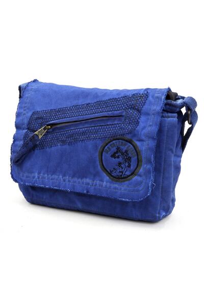 Old Cotton حقيبة كتف كارجو 7136 صغيرة باللون الأزرق النيلي، حقيبة قماش، حقيبة مدرسية للكمبيوتر اللوحي