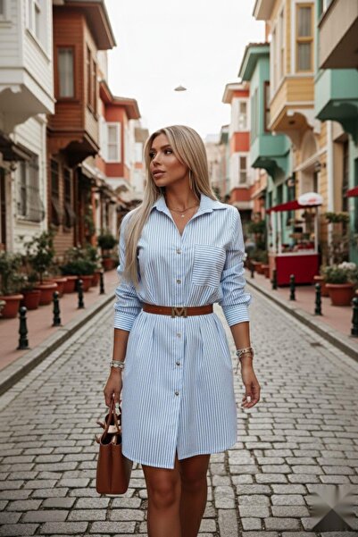 Mossta Μπλε ριγέ φόρεμα από βαμβακερό πουκάμισο - με λεπτομέρεια τσέπης