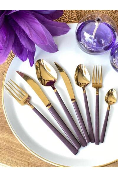 ROSSEV Napoli Es Purple&Gold 42 Piece Spoon Fork Knife Tea Spoon 6 Person Çkb
