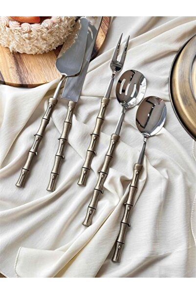 ROSSEV Antiq Serving Presentation Spoon Set with Bamboo Handle 5 Pieces