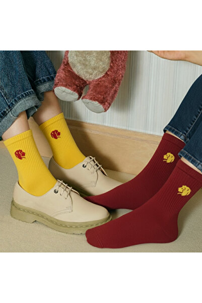 AYDK Fan 2 Pairs Yellow Red Lion Embroidered Casual Summer Winter Unisex Socket Tennis Fan Socks