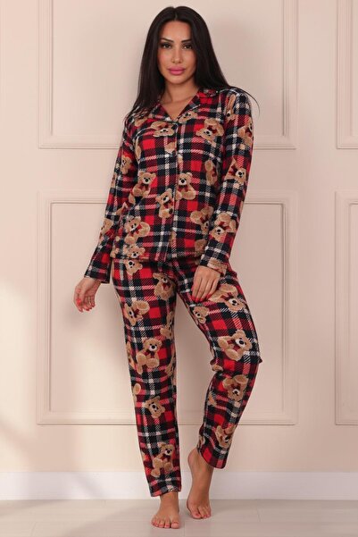 Niket Life Γυναικείο σετ πιτζάμες από σουέτ με κουμπιά μπροστά με σχέδιο αρκο...