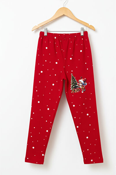 Atabay Kids Kırmızı Yılbaşı Temalı Kız Çocuk Şardonlu Geyik Baskılı Tayt