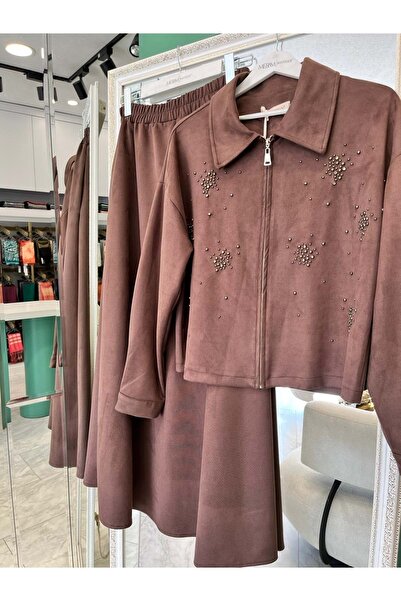 MRM MERAM BUTİK Shoulder Pad Tex Suede Skirt Suit with Stone - Brown - 46