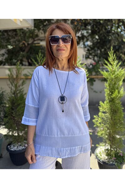 DenizEge Mesh Detailed Cotton Blouse White