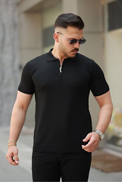 comstar Men's Half Zipper Basic Tight Black Polo Neck T-Shirt