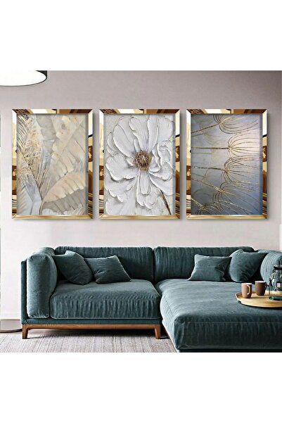 KOLAJTASARIM Çiçek Desenli 3'lü Gold Pleksili Tablo Seti