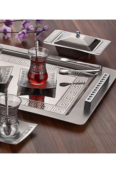 Arsel Kare Desenli Saten Tepsili Kulplu 40 Parça Çay Seti 304 Kalite Premium Şık