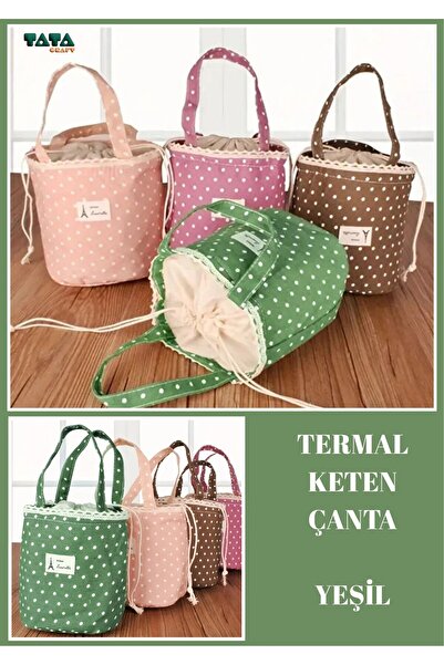 TATA CRAFT *yeşil Keten Puantiyeli Termal Yemek Taşıma Çantası Piknil, Ofis, ...