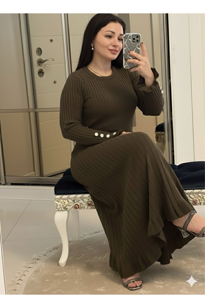 ABBA Knitwear Corded Fabric Crew Neck Dress Khaki