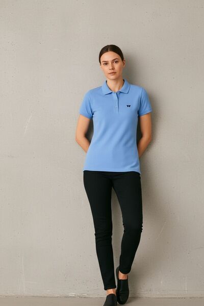 comstar Women's Short Sleeve Summer Basic Blue Polo Neck T-Shirt