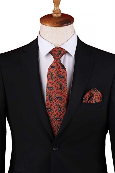Kravatkolik Classic Tie with Orange Shawl Pattern Handkerchief Kk13299