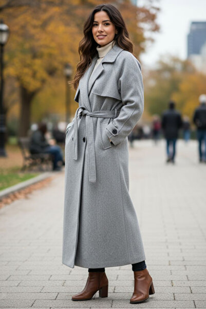 OEM Palton dama lung cu cordon gri