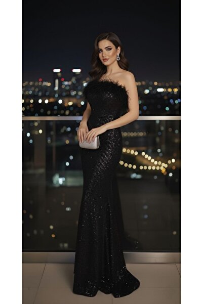 dükkan10butika Kadın Straplez Yırtmaçlı Tüylü Pulpayet Pullu Kumaş Göğüs Dest...