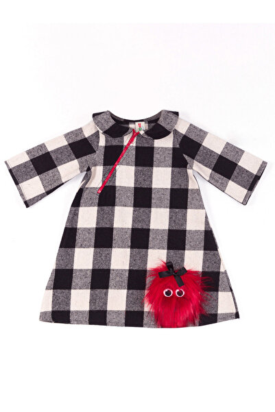 Denokids Pompom Girl - Black and White Plaid, Long Sleeve Winter Dress