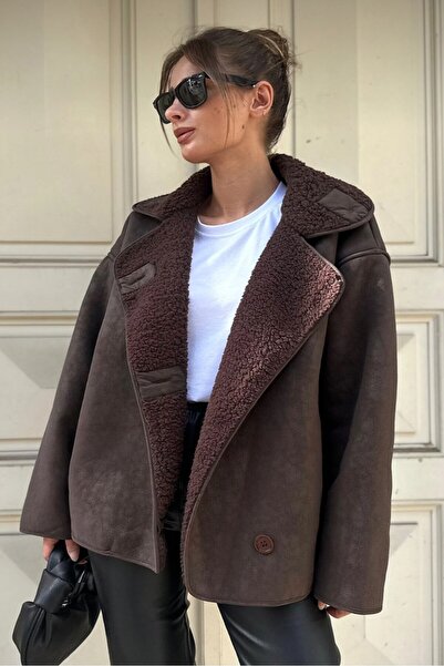 moda armanc Γυναικείο δερμάτινο παλτό O oversized Suede με επένδυση από γούνα - Χειμερινό μπουφάν με βελούδινη επένδυση