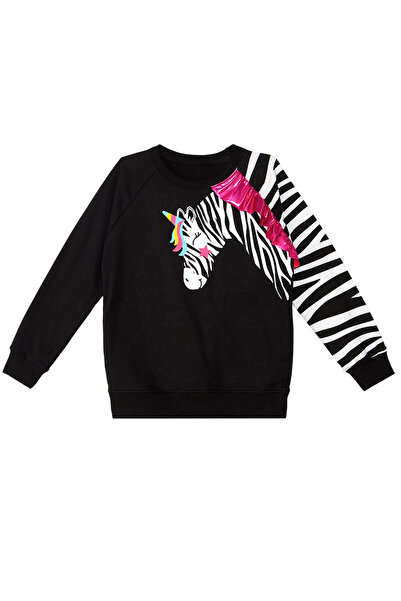 Denokids Zebra Patterned Girl's Black Long Sleeve Ruffle Sweatshirt
