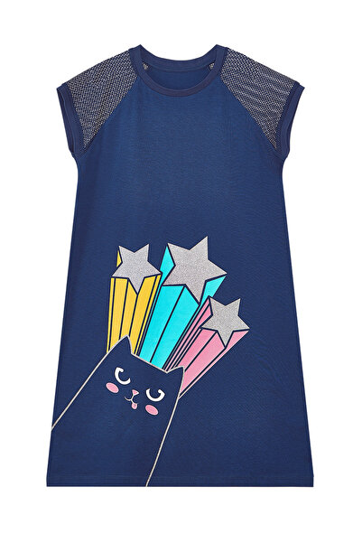 MSHB&G Navy Blue Glitter Cat Girl's Summer Dress - Detailed Sleeves