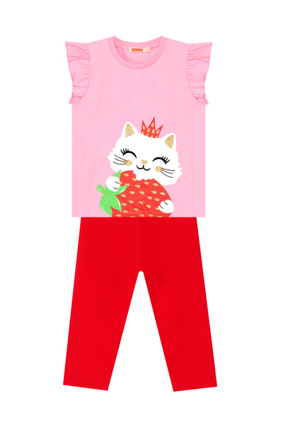 Denokids Girl's Strawberry Patterned Frilly Summer T-shirt and Leggings Set
